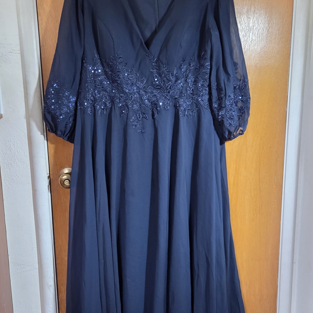 JJs House Dark Blue 3/4 Sleeve Chiffon Dress with Floral Sequined Details.